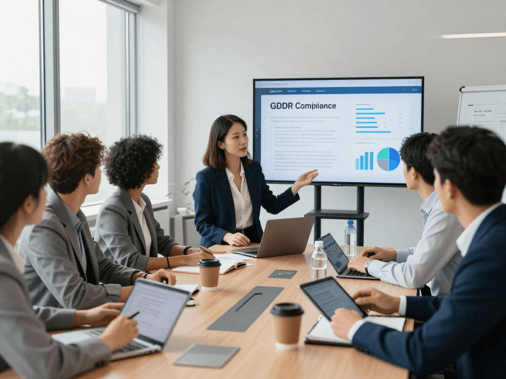 Knowledge sharing in data privacy compliance with diverse professionals collaborating in a bright office space, embodying Wissen / Blog-Hub.
