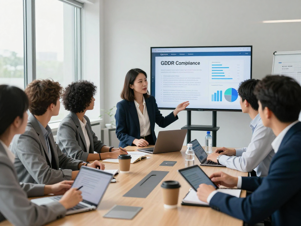 Knowledge sharing in data privacy compliance with diverse professionals collaborating in a bright office space, embodying Wissen / Blog-Hub.