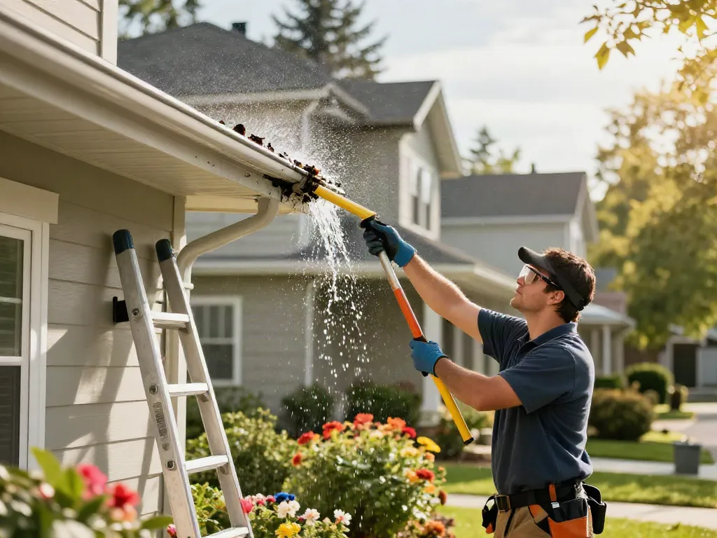 Spokane gutter cleaning service technician clearing debris from home gutters.