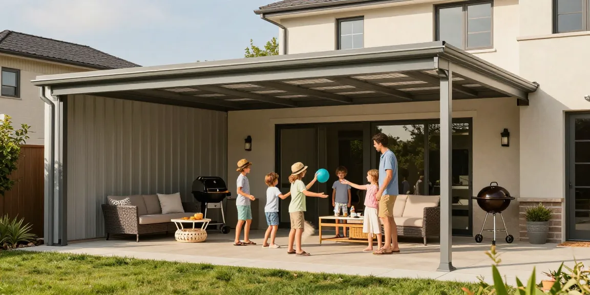 Moderne Carport-Landschaft mit Familie, die im Freien spielt, und gut angelegtem Garten.