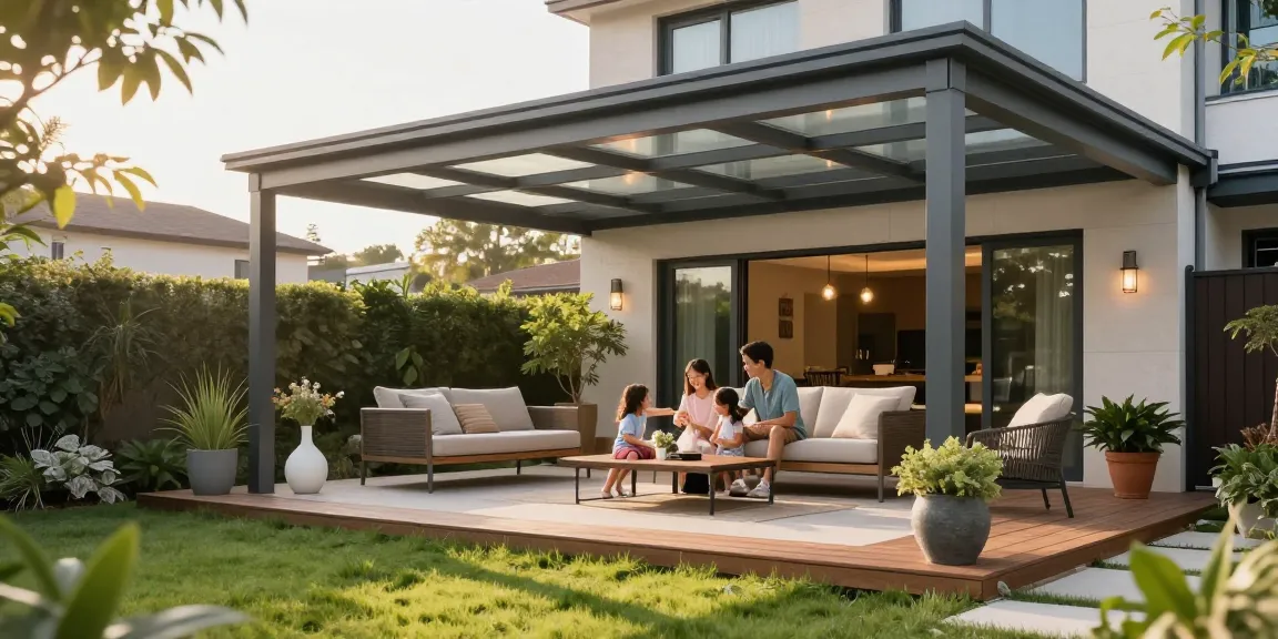 Moderne Terrassenüberdachung mit eleganter Einrichtung im Garten.