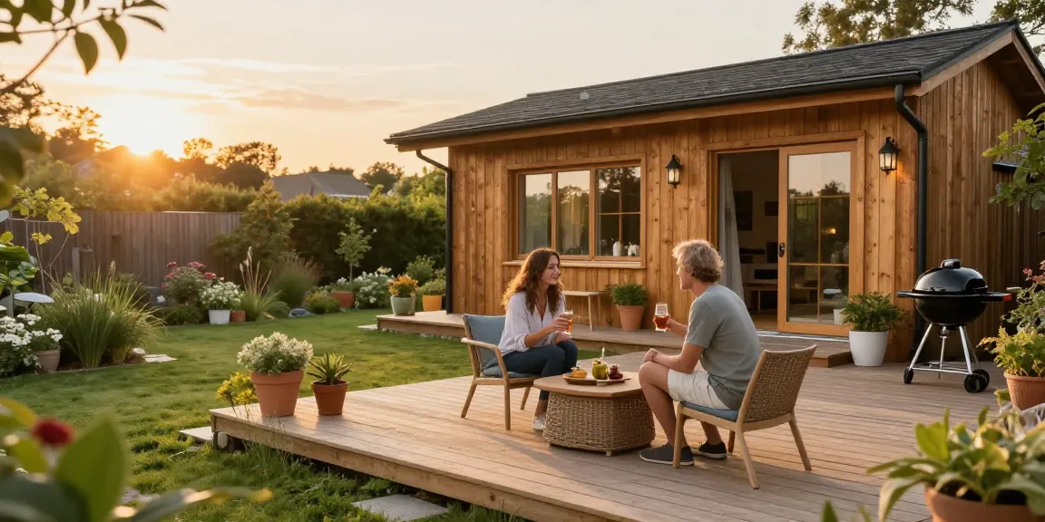Garten Haus im Garten mit Paar, umgeben von Pflanzen und Möbeln.