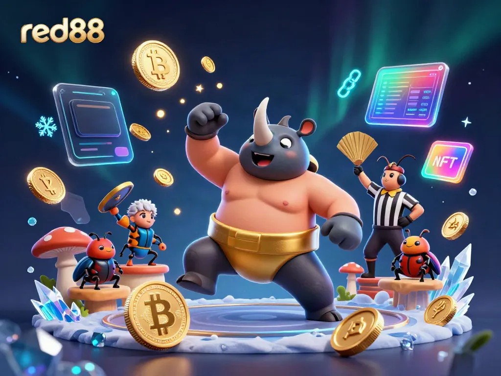 Experience the excitement of red88 as a sumo beetle champion powers up with gold coins, surrounded by vibrant casino elements.