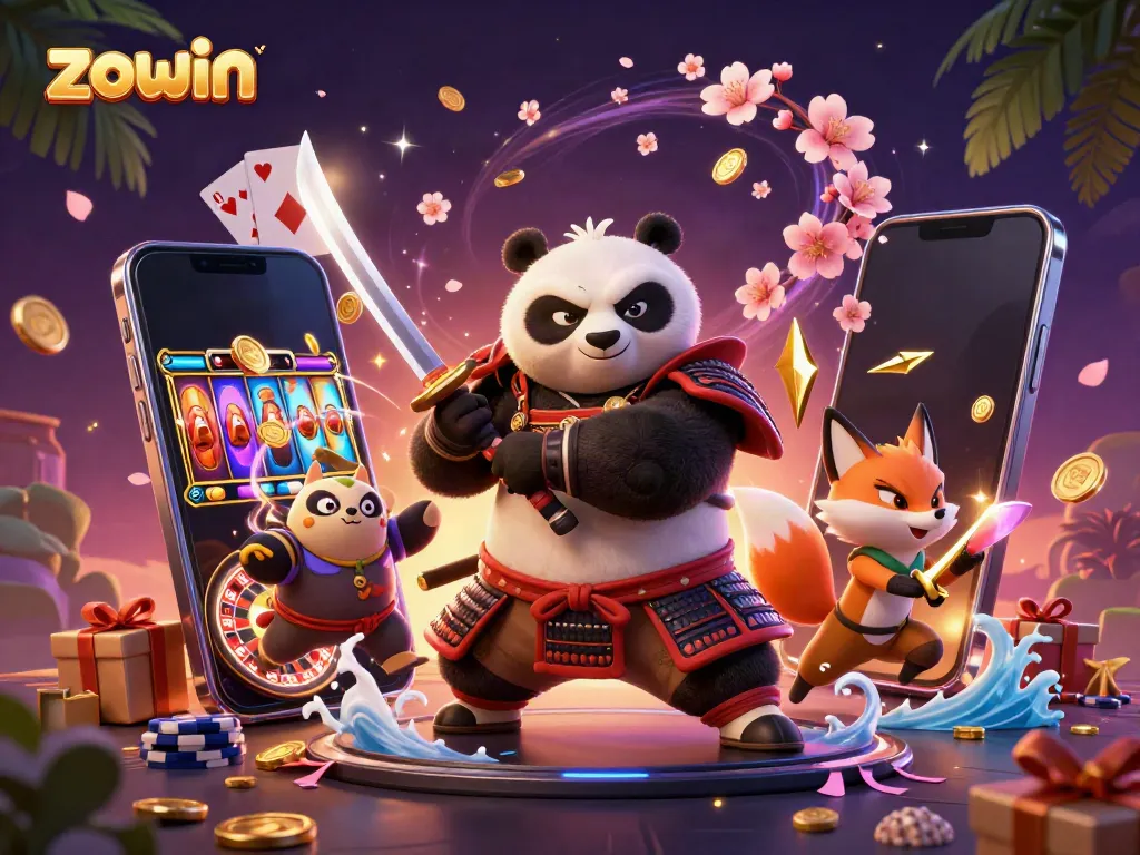 Engage with Zowin's exciting games, featuring a fierce samurai panda and ninja fox in a captivating gaming setting.