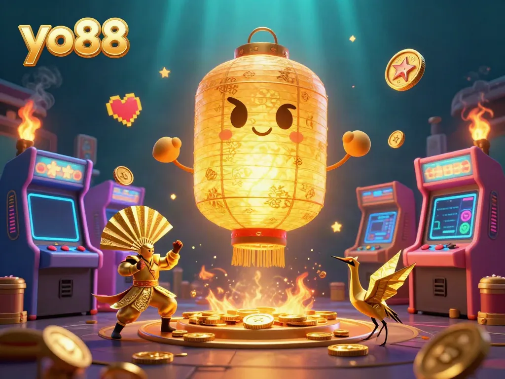 Engage in exhilarating gaming with yo88's vibrant arcade and golden spirit characters representing fortune.