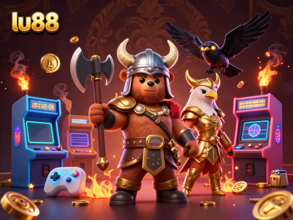 Engage in exciting gameplay with LU88's dynamic 3D casino action featuring a Viking bear and Valkyrie.