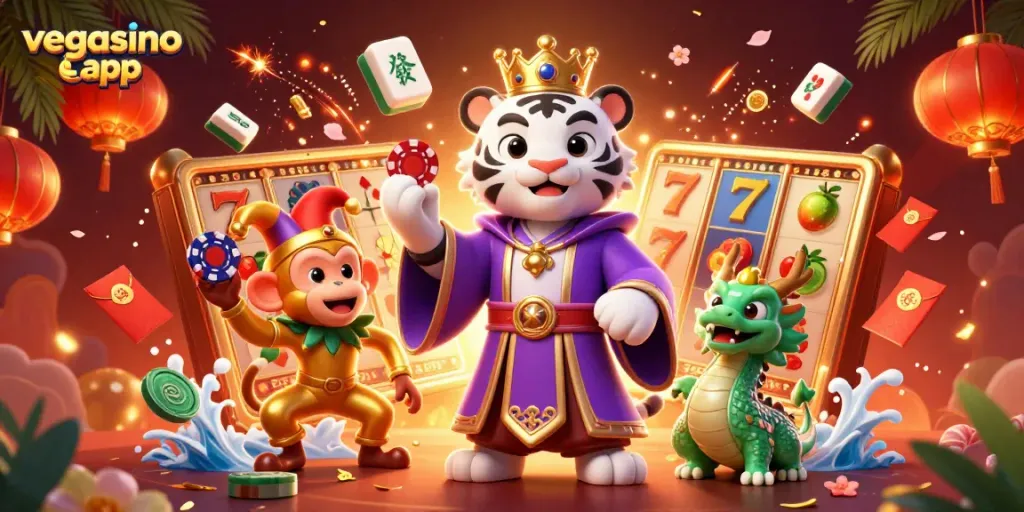 Experience exciting slots and jackpots with the vegasino app in a vibrant 3D casino scene.