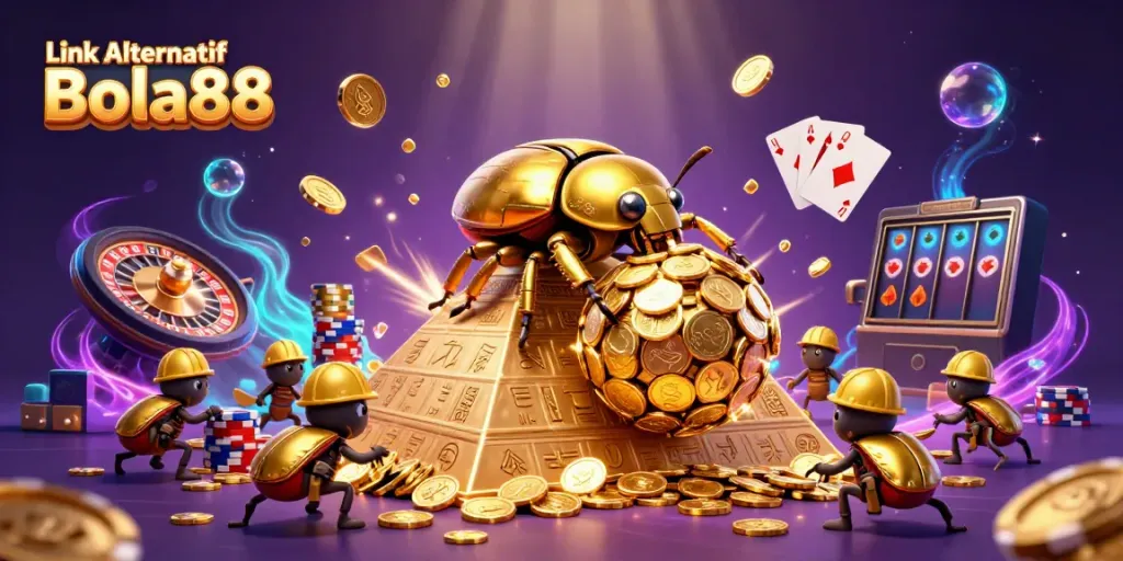 Engage with Link Alternatif Bola88 through thrilling casino fun depicted in a vibrant 3D scene.