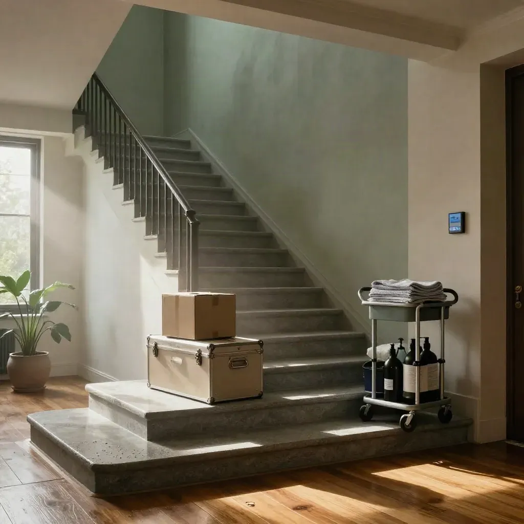 Modernes Altbau-Entrée mit Umzugskartons, Werkzeugkoffer, Reinigungswagen und smartem Wandpanel