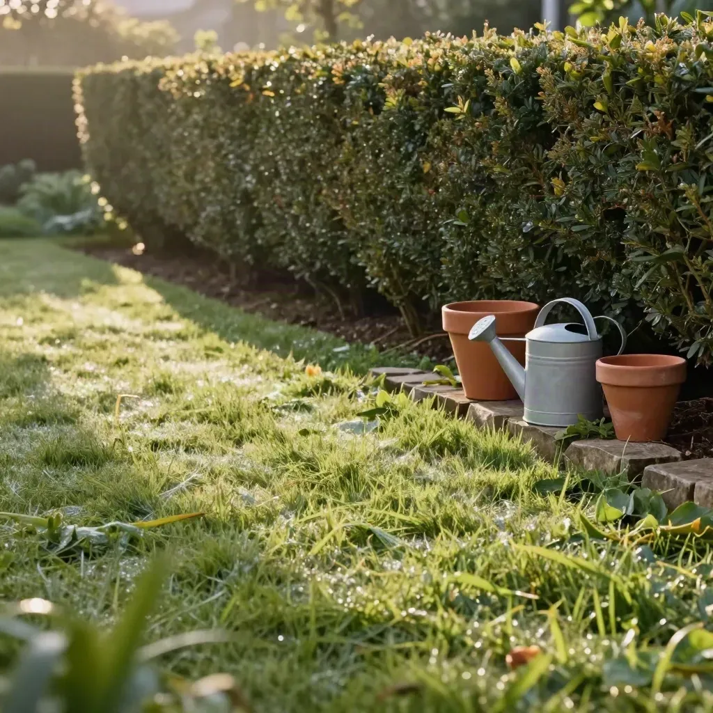 Gepflegter Garten mit geschnittener Hecke, gestreiftem Rasen, Beeträndern, Töpfen und Gießkanne.