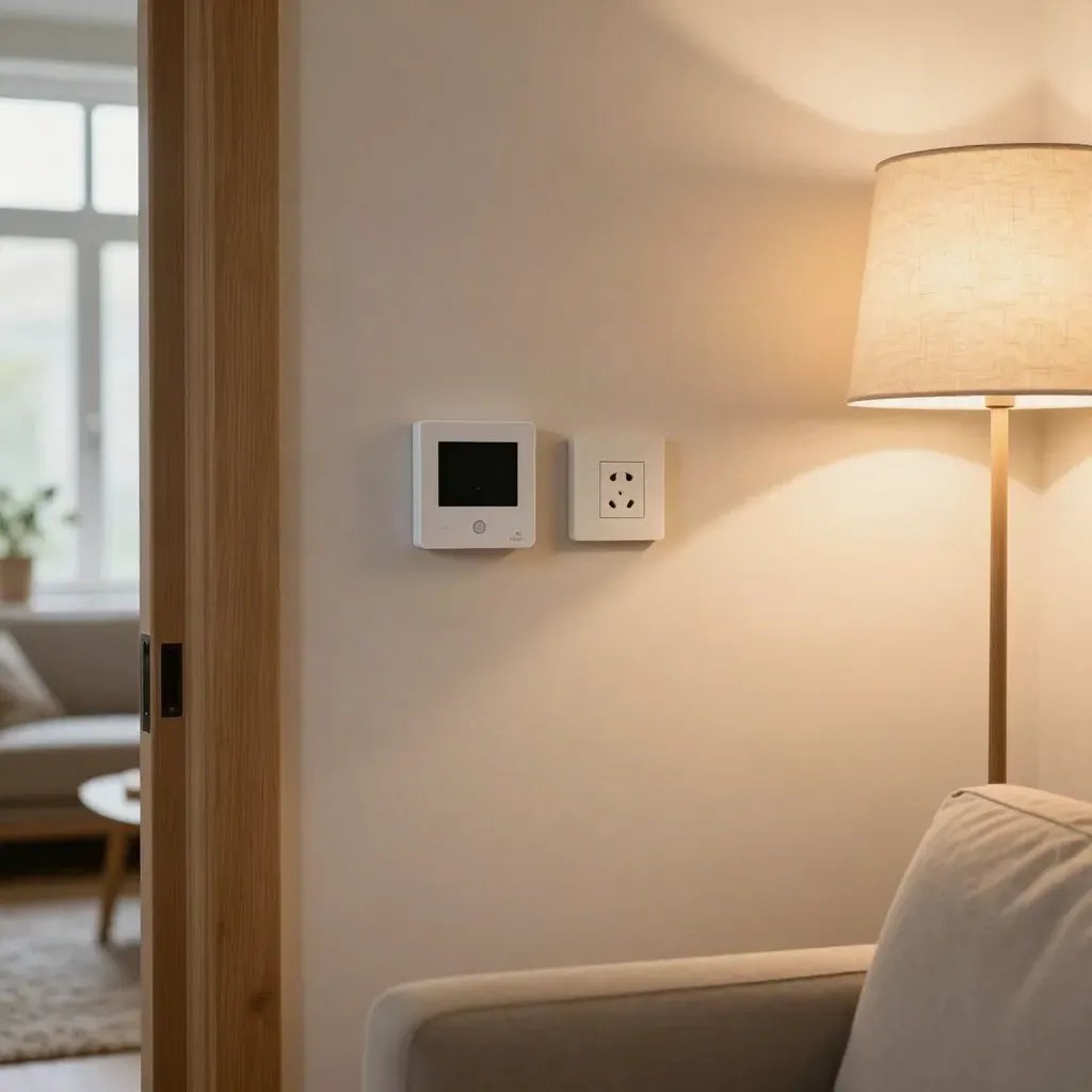 Ruhige Smart-Home-Ecke mit Thermostat, Sensor, Steckdose und sanft leuchtender Stehleuchte.