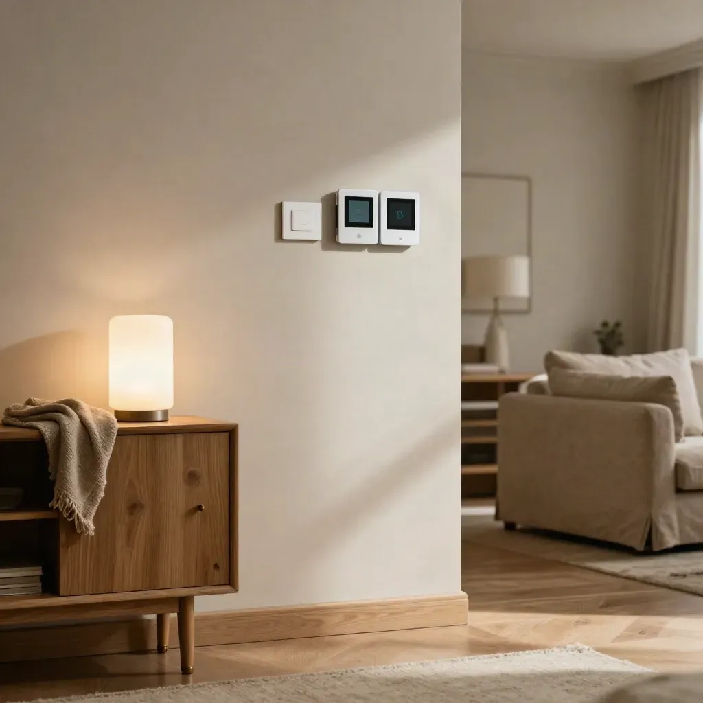 Wohnzimmer mit montiertem Thermostat, Sensoren und sanft leuchtender Stehleuchte