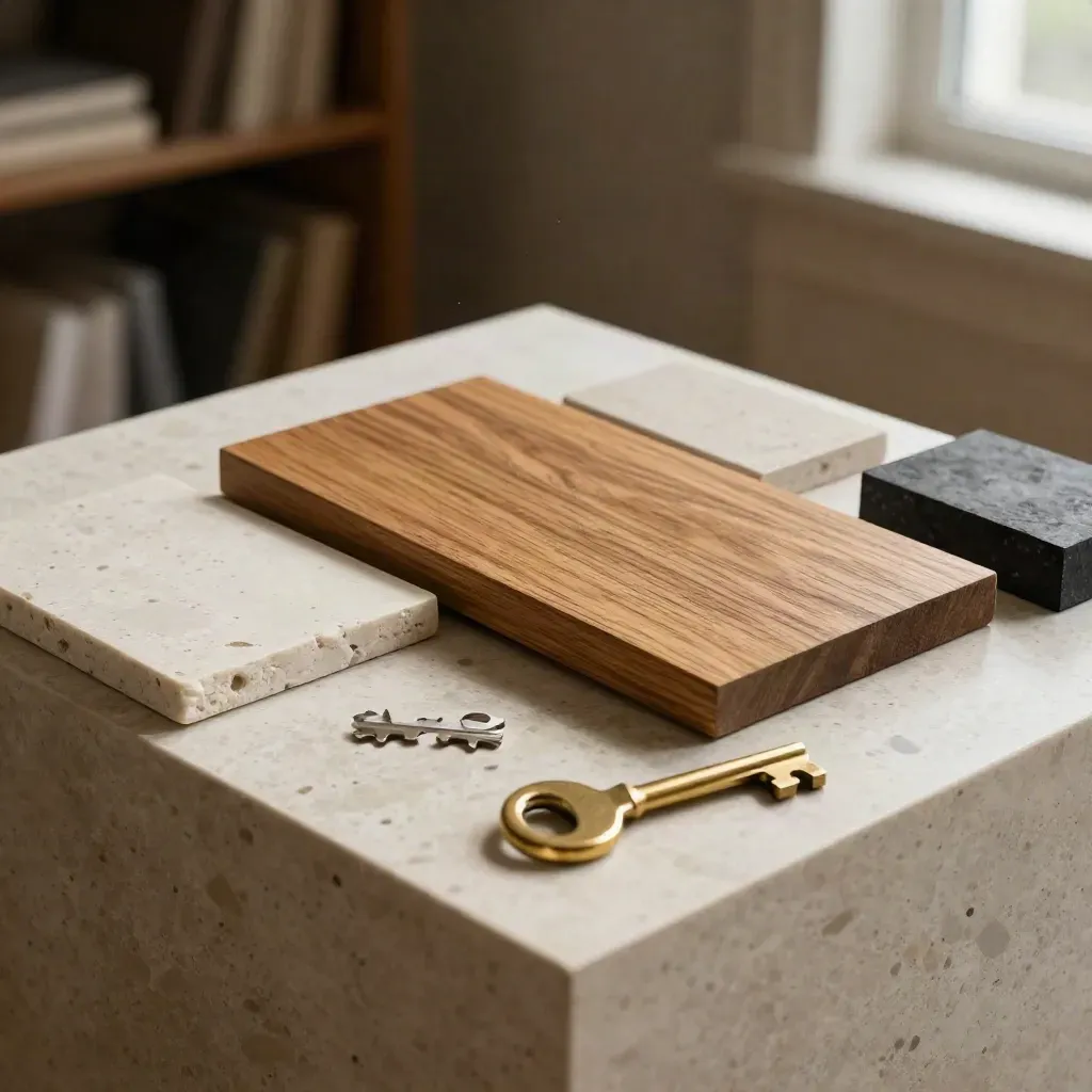 Materialproben für die Beratung: Eiche, Stein, Messing und Architekturblock auf Travertin.