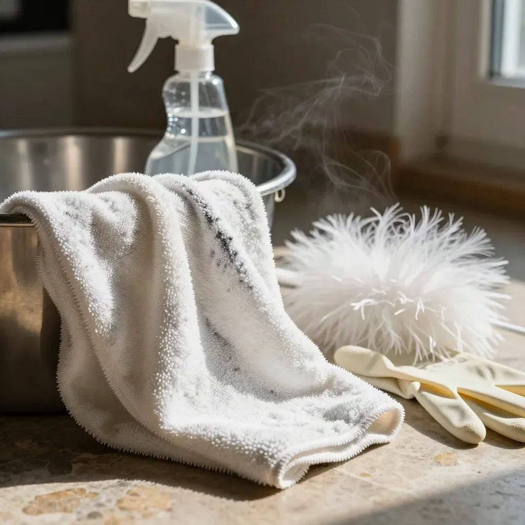 Reinigungsset mit Mikrofasertüchern, Eimer, Sprühflasche, Staubwedel und Handschuhen auf Steinboden.