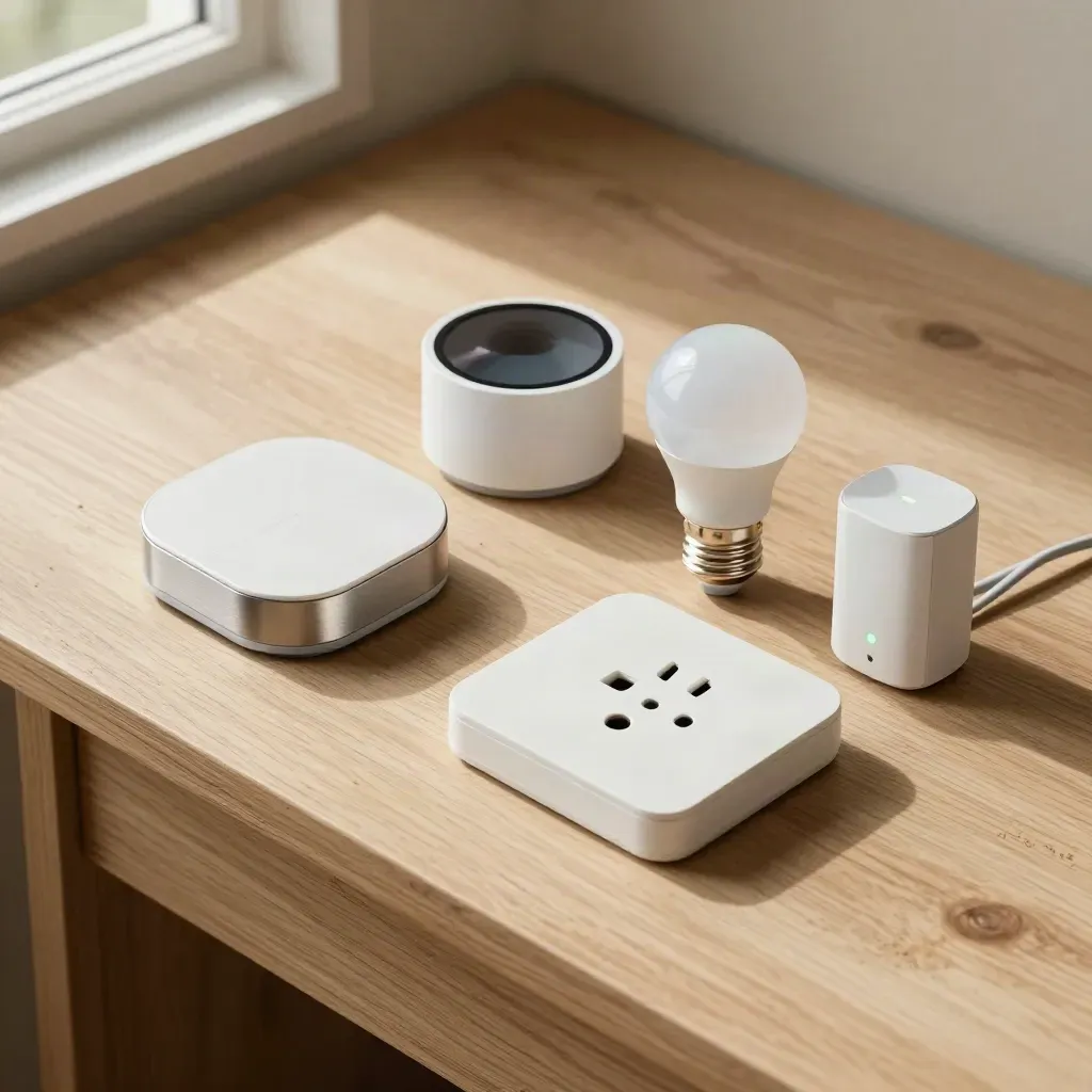 Smart-Home-Komponenten auf heller Holzfläche, von oben sauber angeordnet.