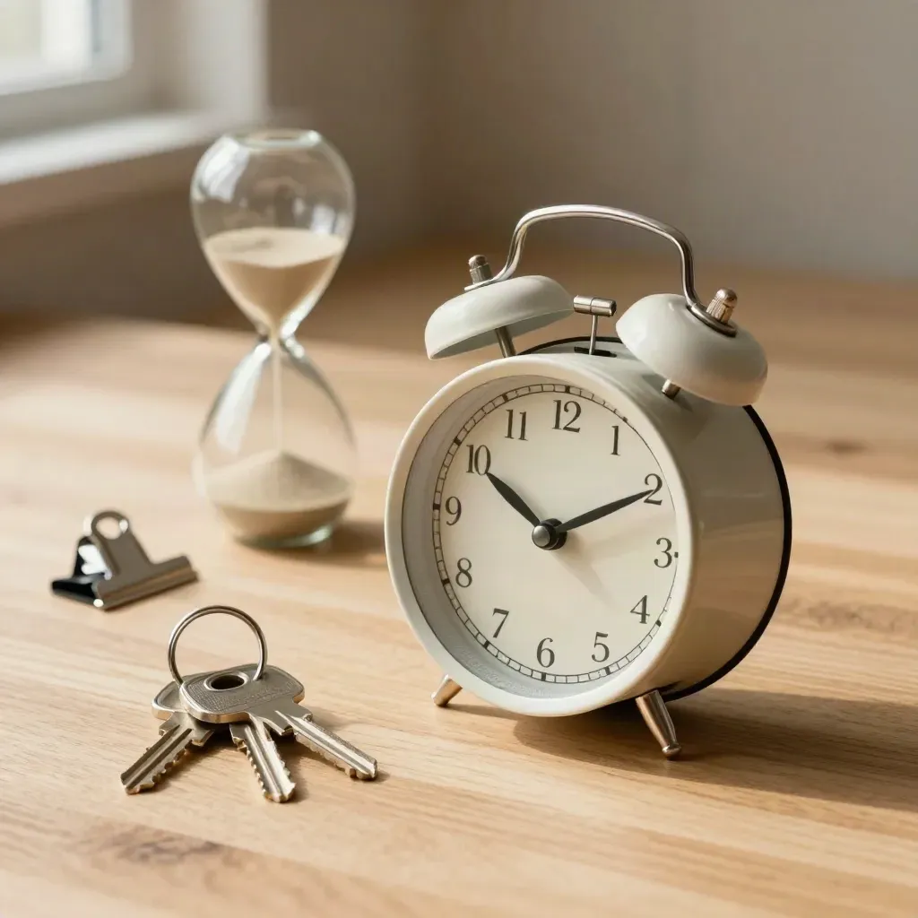 Wecker, Schlüsselring, Sanduhr und Metallclip auf heller Holzfläche im Seitenlicht.