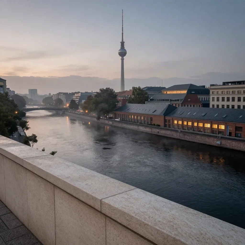 Berlin-Mitte bei Blauer Stunde mit Fernsehturm, Spreeufer und ruhigem Copyraum unten