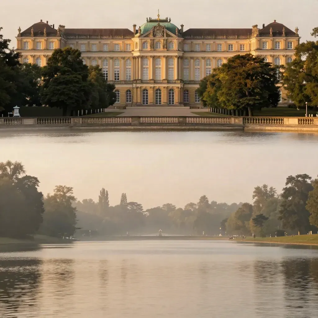 Potsdam im Goldlicht mit Sanssouci-Dachlinie, Allee und ruhiger Wasserfläche.