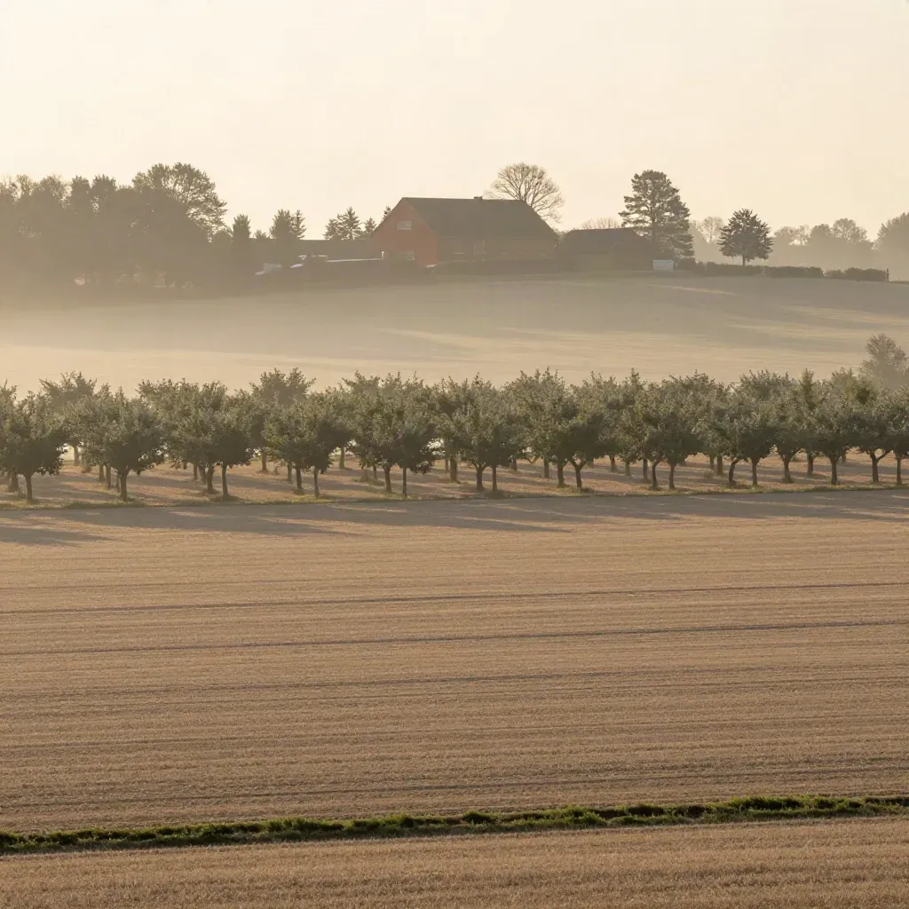 Morgendunst über Havelland mit Feldern, Obstbaumreihen und einem kleinen Ziegelhof am Horizont.