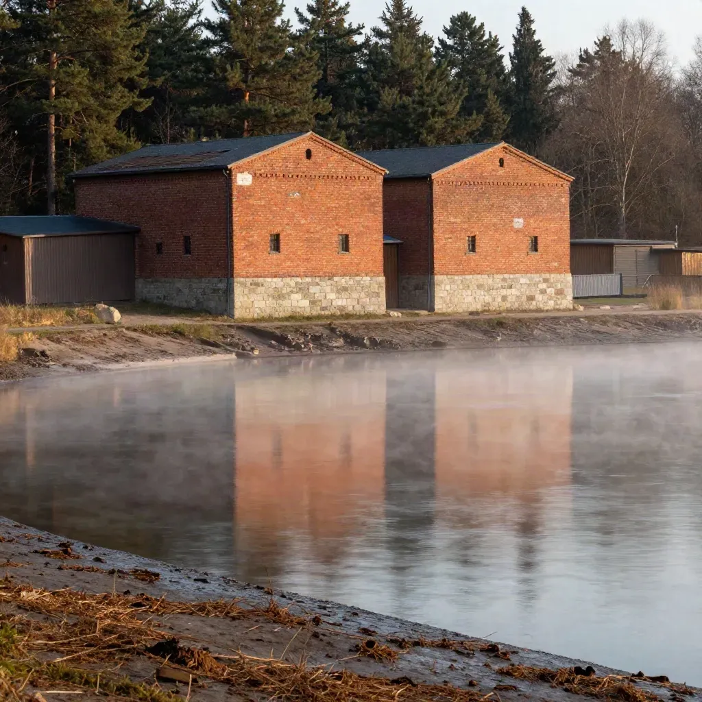 Südbrandenburg mit Backstein, Kiefern und stiller Wasserfläche im warmen Abendlicht.