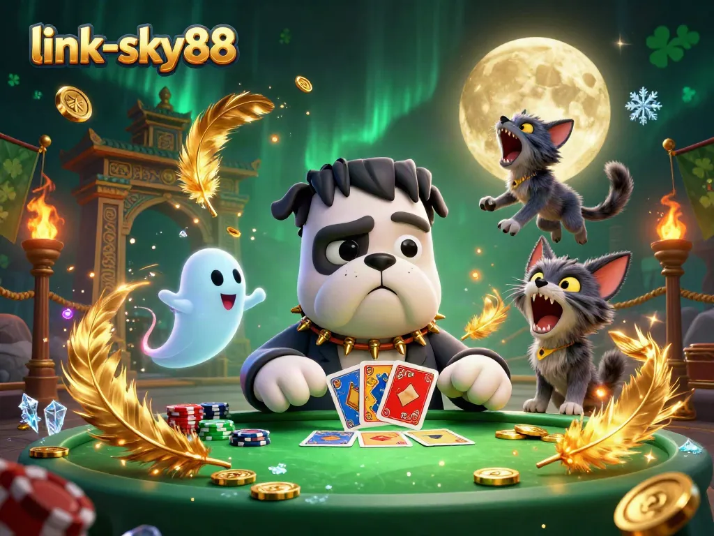 Engage in thrilling action with link-sky88, featuring a 3D Frankenstein bulldog dealer at a spooky casino.