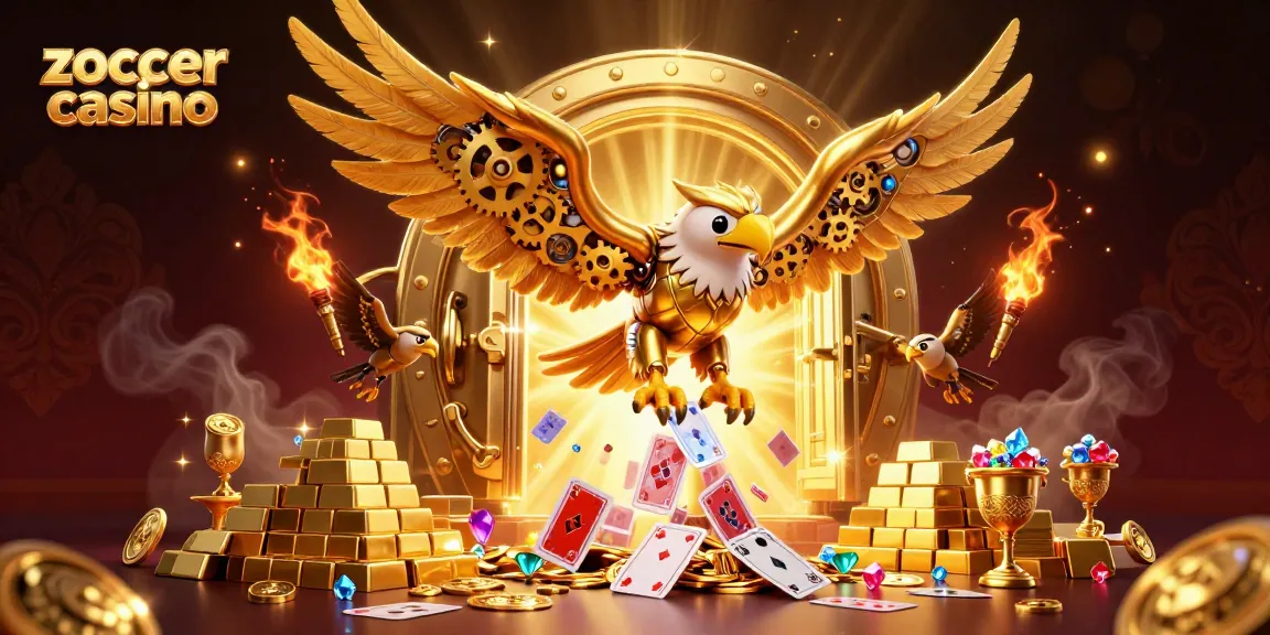 Zoccer casino showcases a vibrant 3D illustration of a golden eagle amidst a treasure display.