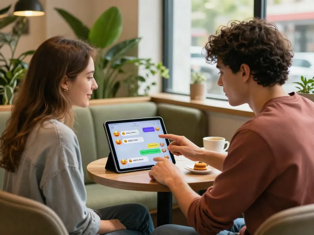 Couple enjoying spicy chat in a cozy café setting with digital tablet.