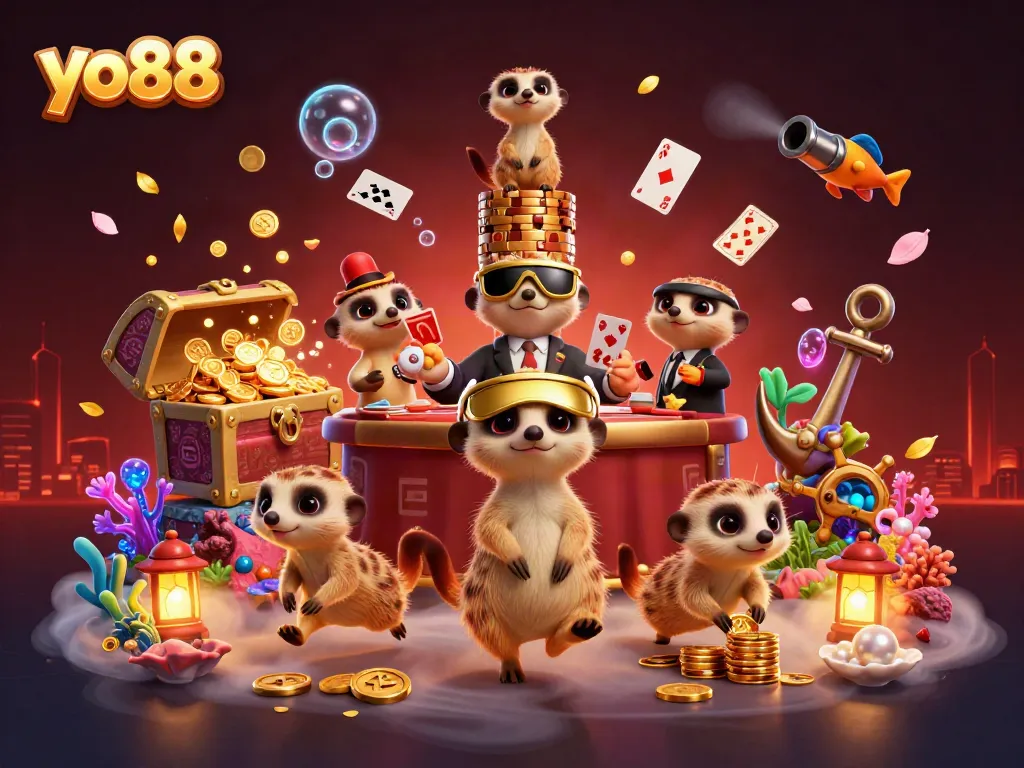 Engage in the thrilling world of yo88 with lively meerkats managing a vibrant casino atmosphere.