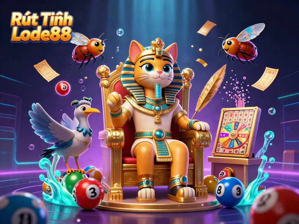 Engaging scene illustrating Rút Tiền Lode88 with Egyptian cat and lottery elements, showcasing dynamic gambling excitement.