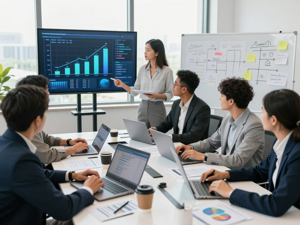 Wissen / Blog-Hub: Team in modernem Büro bei strategischer Planung, mit Laptops und Projektion von Wachstumsdaten.
