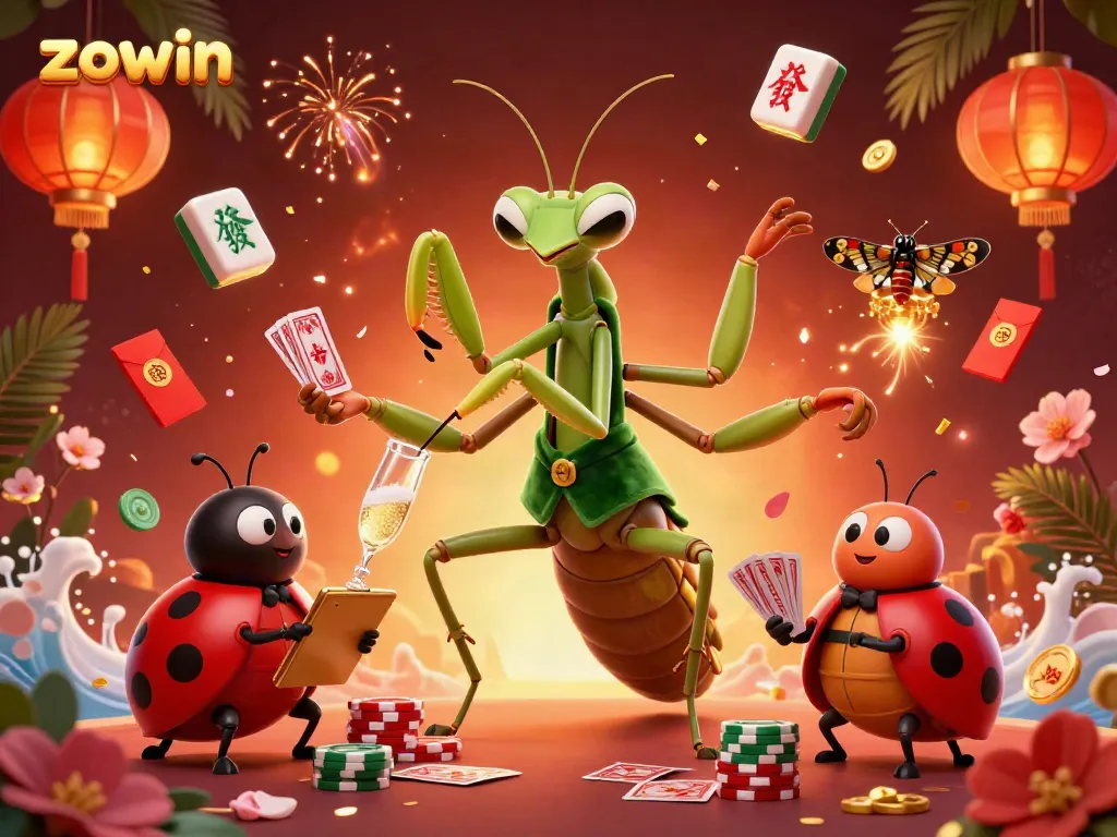 Zowin brings excitement with a giant mantis dealer dazzling in a vibrant casino scene.